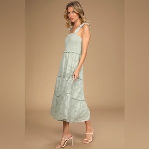 Float to Love Mint Jacquard Smocked Tie-Strap Midi Dress